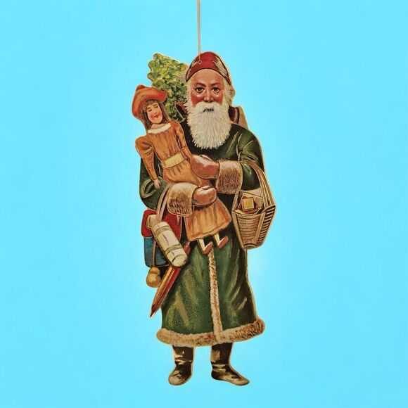 Original Victorian 14.5" Die-Cut Green Robe Santa Claus St Nick Father Christmas - Picture 1 of 10